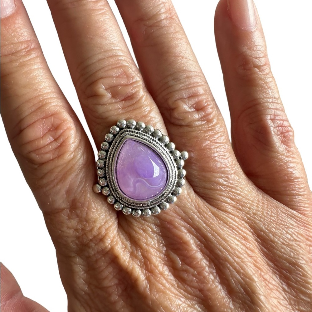 Silver and Purple Gemstone Teardrop Ring